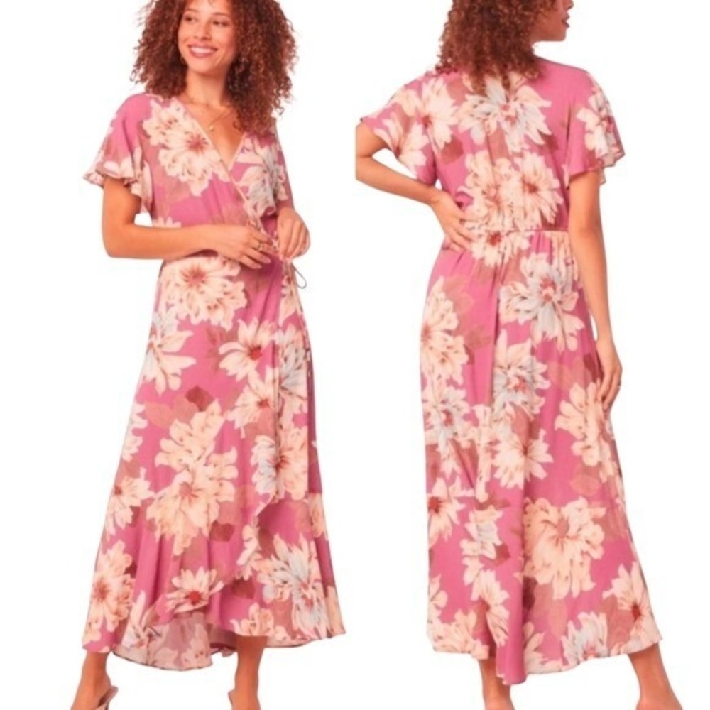 Band of the Free Floral Wrap Maxi Dress Mauve Pink Flutter Sleeve Size M NEW
